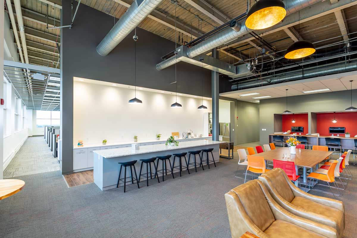 interior photo of a tenant space at Case, with a stylish break room and lounge